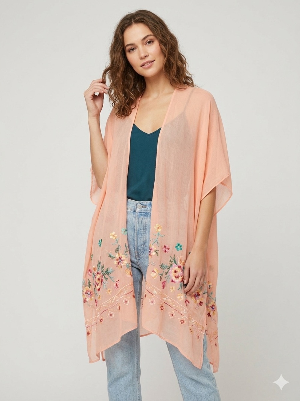 Peach Embroidered Floral Kimono Cape